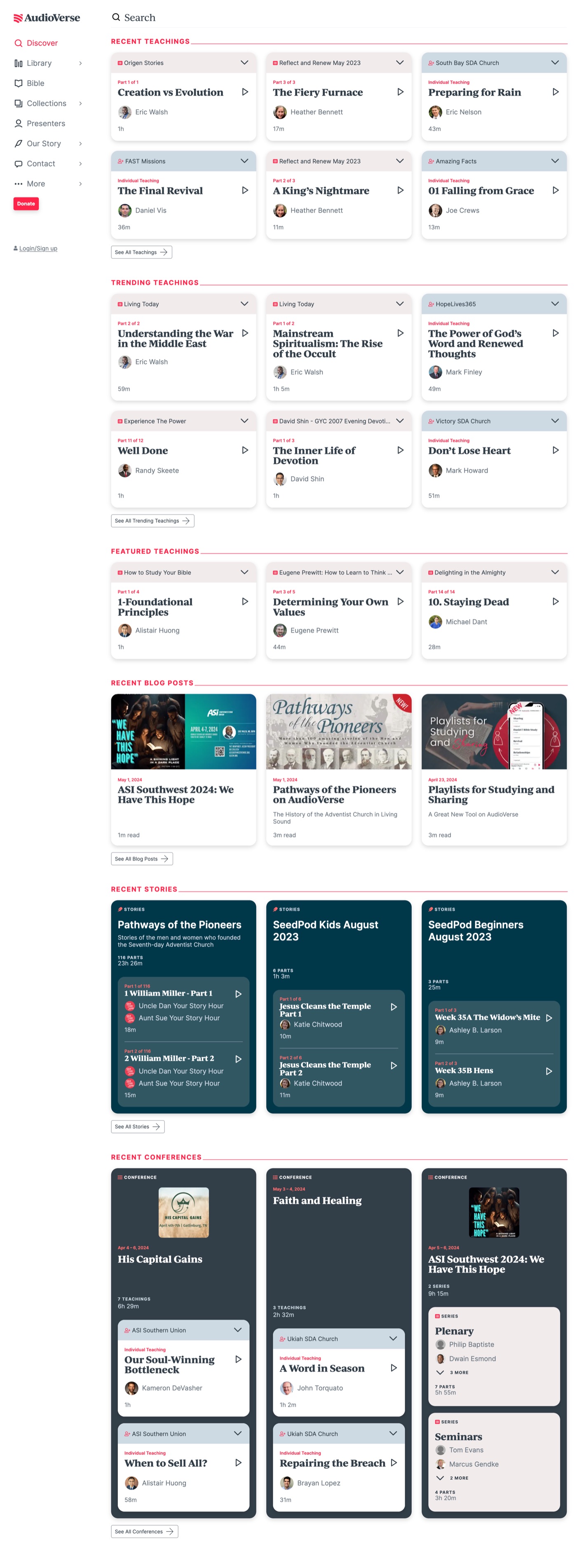 AudioVerse Discover page: recent, trending, and featured teachings in card grids, plus blog posts, stories, and conferences