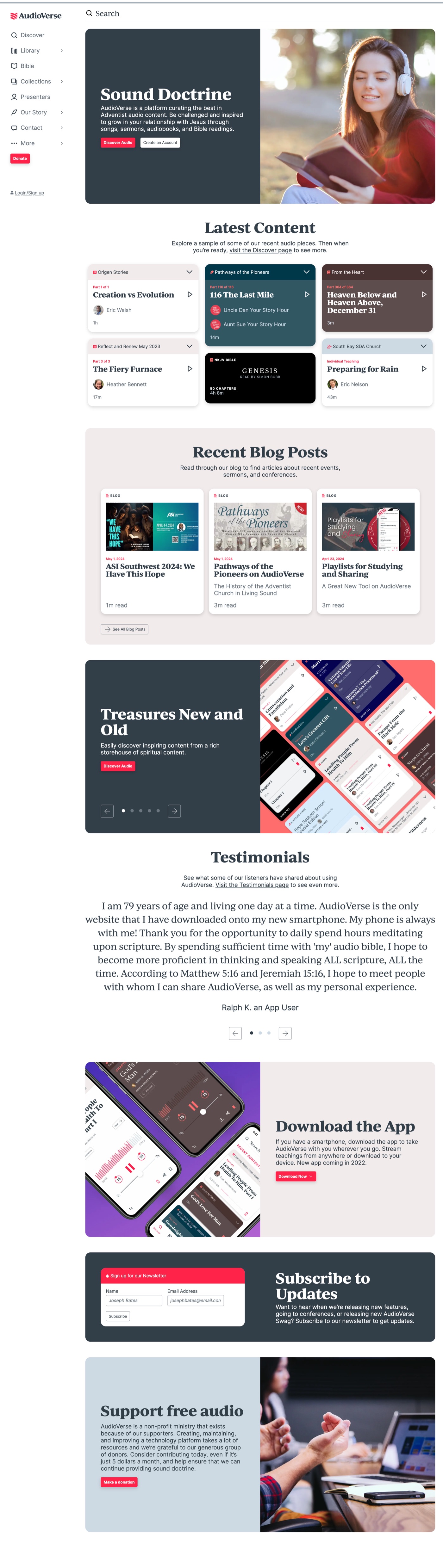 AudioVerse home page: sidebar navigation, "Sound Doctrine" hero, latest content grid, blog posts, testimonials, and donation sections