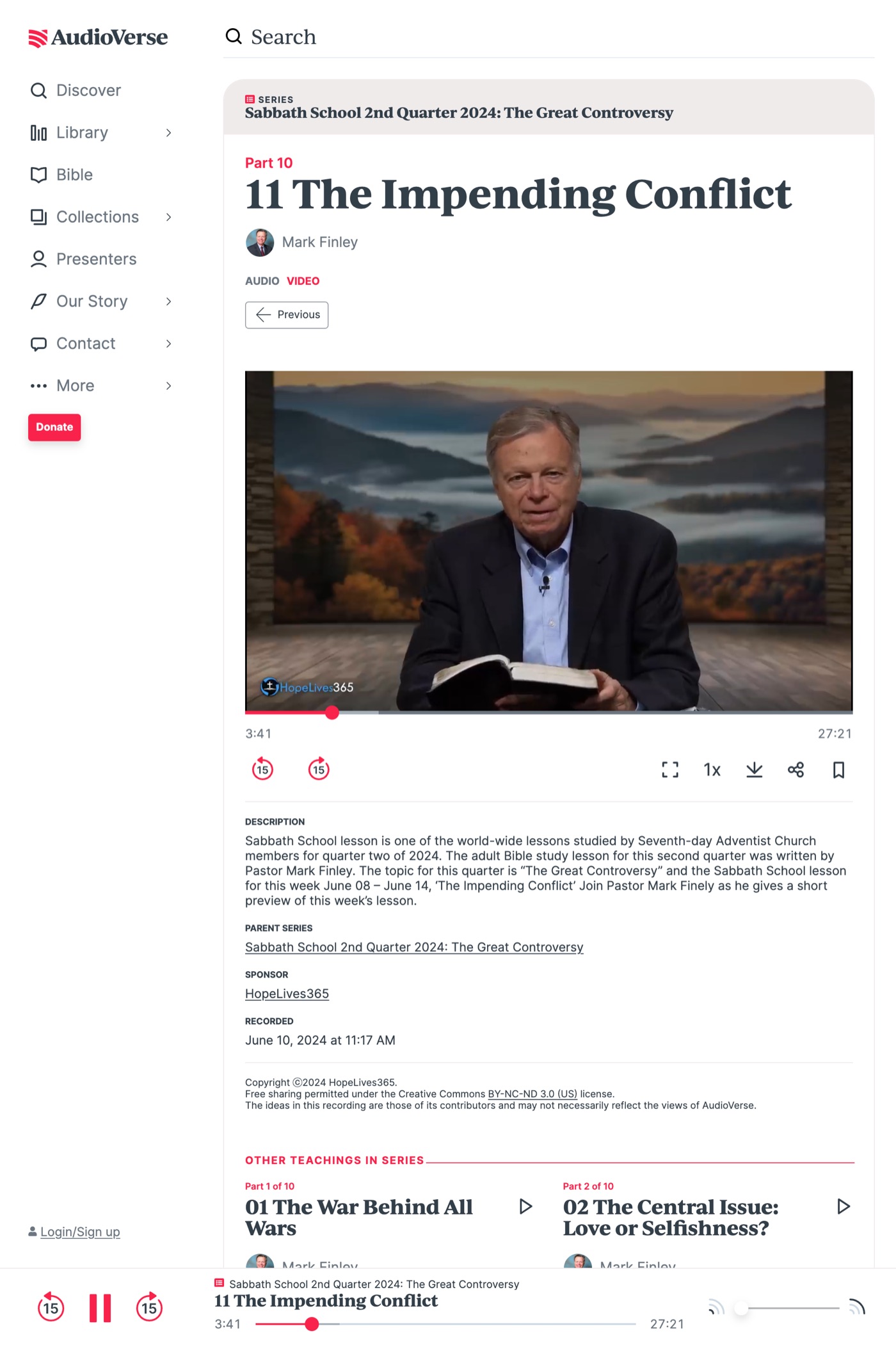AudioVerse recording page: video player with speed and download controls, description, series metadata, and a persistent bottom playback bar