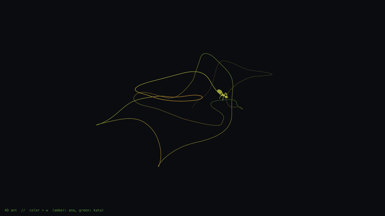 A small four-dimensional ant and the looping trail of its path, drawn in amber and green on a dark background