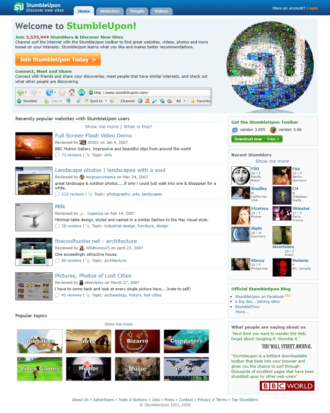 The StumbleUpon home page, listing recently popular sites with thumbnails and reviews