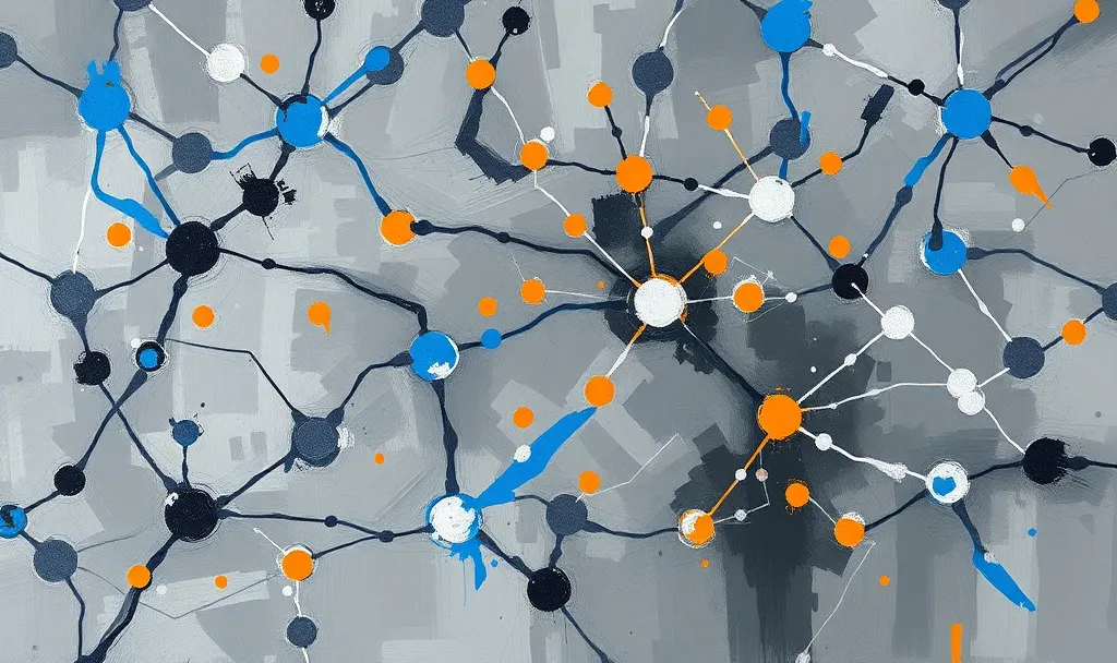 Expressionist gouache painting of interconnected pathways and nodes with some connections broken or rerouting, bold gestural marks in slate gray and electric blue with touches of warning orange, heavy textured application showing paint layers, dynamic composition suggesting problem-solving and adaptation, visible brushwork indicating movement and iteration