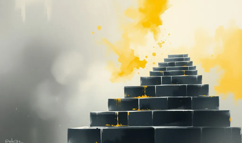 "Impressionist gouache painting of ascending steps made of fragmented code snippets and geometric shapes dissolving into mist, thick gestural brushstrokes, cool grays transitioning to warm yellows, visible canvas texture, energetic mark-making suggesting upward progress and transformation." And a forged signature.